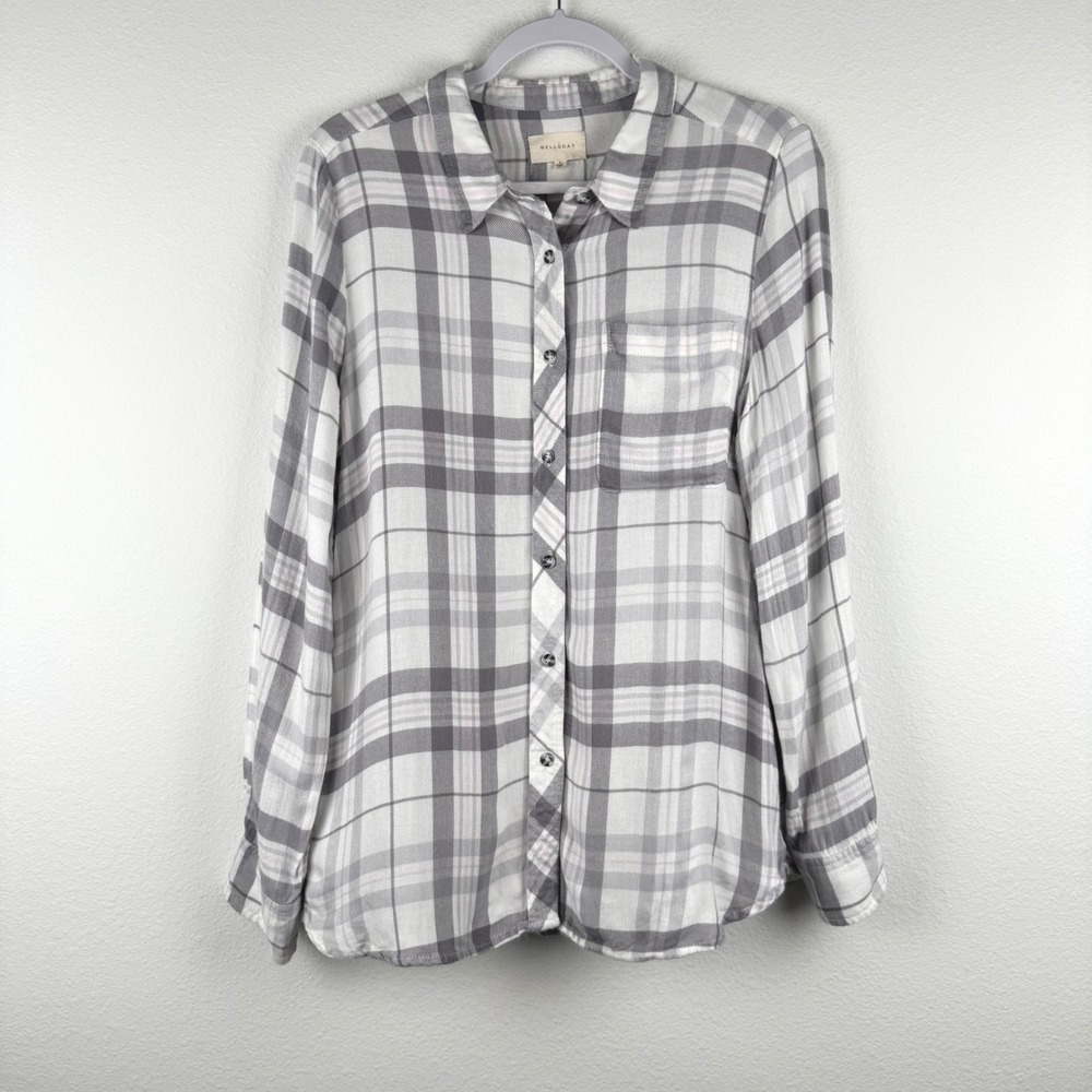 Melloday Plaid Button Down Women Large Grey Excellent Casual Classic Flowy Rayon